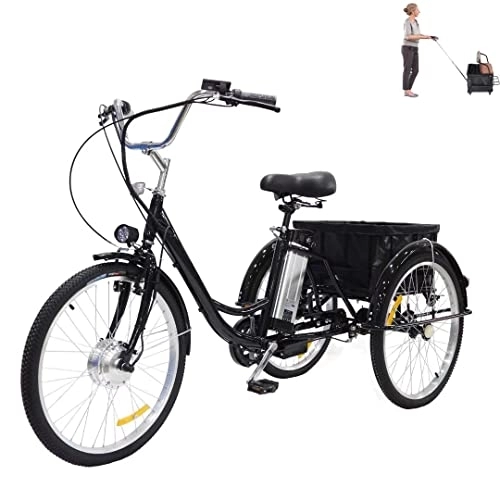 Bici elettriches : Triciclo elettrico per adulti a 3 ruote per bicicletta con batteria al litio 36V12AH con carrello extra large utilizzabile da solo, triciclo da 24 pollici per genitori elettrico / assist / pedale (nero)