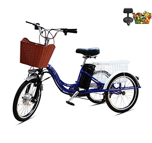 Bici elettriches : Triciclo elettrico per adulti, bici a 3 ruote da 20 pollici per genitori per allargare il cestello posteriore Elettricità / Assistenza / Pedali 48V12AH batteria al litio Adulti Unisex (blue)