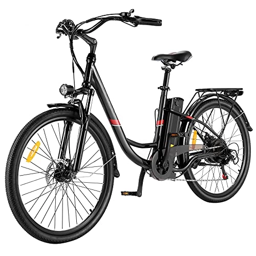 Bici elettriches : Winice Bici elettrica 26", bici da città per adulti, e-bike uomo / donna batteria 36V 8Ah rimovibile, bici elettrica cruiser Shimano 7 velocità, gamma 50KM, 3 modalità, 25KPH (Nero)
