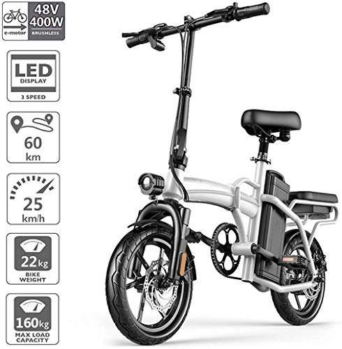 Bici elettriches : WJSW Bicicletta elettrica Pieghevole, Bici elettrica da 14 Pollici in Lega di Mium per Scooter pendolare Urbano Elettrico a 3 velocit per Adulti con Motore brushless 400W