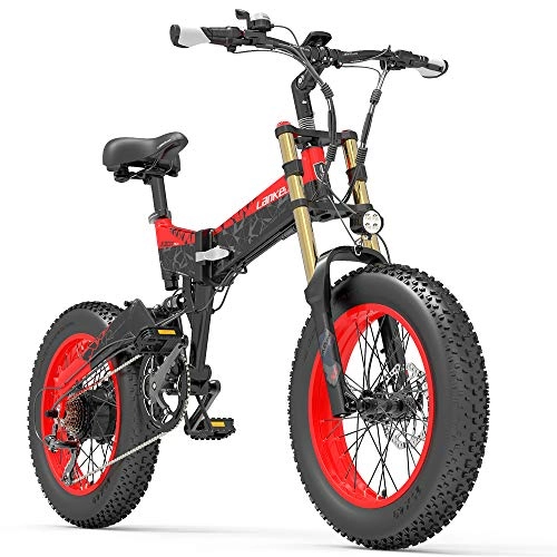 Bici elettriches : X3000plus-UP 20 pollici 4.0 Fat Tire Snow Bike, Mountain Bike pieghevole, Motore 1000W, Sospensione completa, Forcella anteriore aggiornata (Black Red, 17.5Ah)