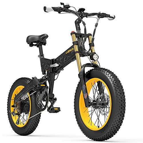Bici elettriches : X3000plus-UP 20 pollici 4.0 Fat Tire Snow Bike, Mountain Bike pieghevole, Motore 1000W, Sospensione completa, Forcella anteriore aggiornata (Black Yellow, 14.5Ah)