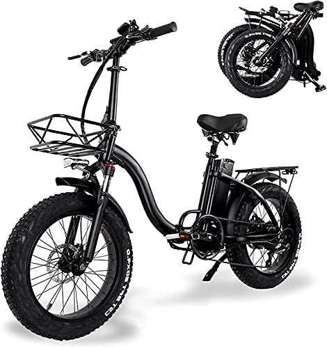 Bici elettriches : Y20-bici elettrica pieghevole da 20 pollici, motoslitta con pneumatici larghi 4.0, mountain bike in lega di alluminio, pedalata assistita con cestino (15 Ah), Misuratore LCD