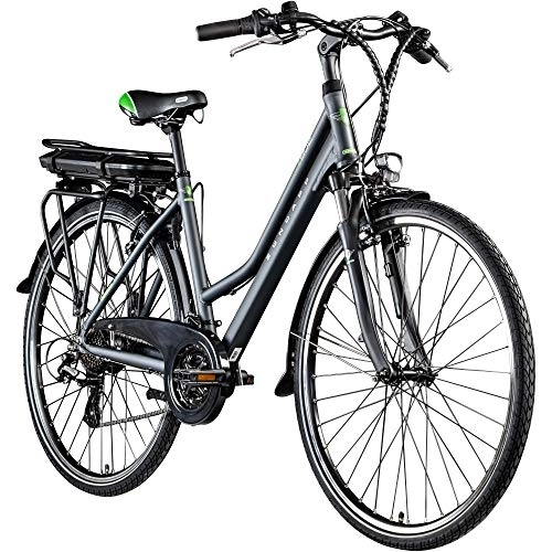 Bici elettriches : ZÜNDAPP Z802 E Bike Donna Trekking 155-185 cm Bicicletta 21 Marce, Fino a 115 km, Bicicletta elettrica da 28 pollici con illuminazione e display LED, Ebike Bicicletta da trekking (Grigio / Verde)