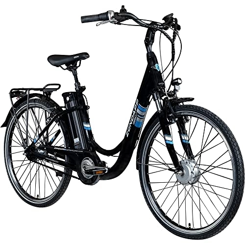 Bici elettriches : Zündapp Green 3.7 - Bicicletta elettrica da donna, 26 pollici, con freno a contropedale, bicicletta elettrica olandese con entrata profonda, City Ebike (nero / blu, 46 cm)