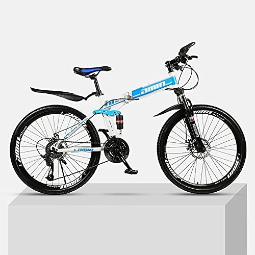 Bici pieghevoli : ASDF Mountain bike pieghevole, doppia ammortizzazione degli urti, croce country Speed Racing maschile e femminile, parte superiore della bici bianco-blu con ruota a raggi a 30 velocità