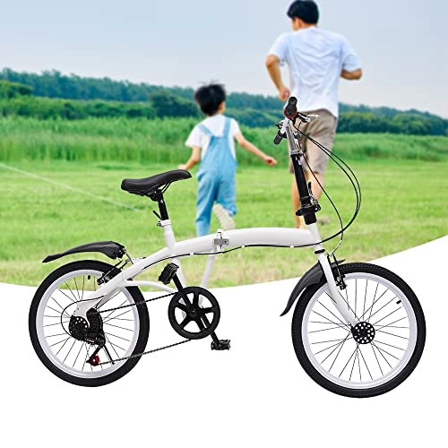 Bici pieghevoli : Bicicletta pieghevole da 20 pollici, 7 marce, pieghevole, in acciaio al carbonio, con freno a doppia V (colore: bianco)