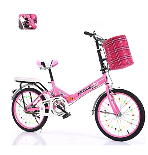 Bici pieghevoli : Comoda bicicletta da donna pieghevole bici da 20 pollici leggera da trasporto per pendolari da città senza installazione assorbimento degli urti con cestino(Color:pink, Size:20inch)
