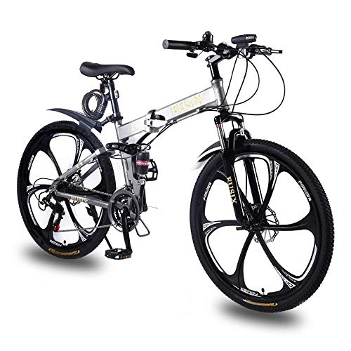 Bici pieghevoli : EUSIX X9 26 '' Mountain Bike Bicicletta da Uomo Pieghevole con Telaio in Alluminio da Donna con Sospensione e Cambio a 21 velocit (Grigio)
