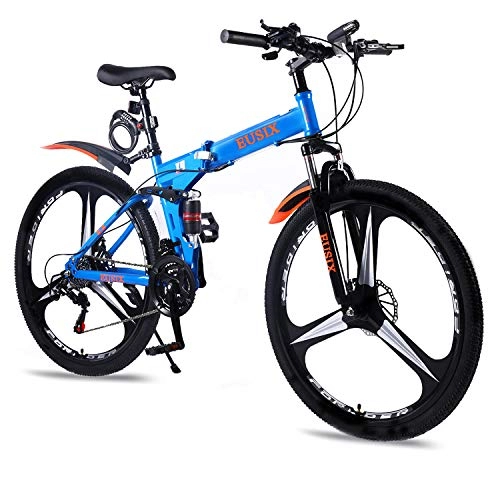 Bici pieghevoli : EUSIX X9 Mountain Bike da Uomo Bicicletta da Donna 24 velocit 27, 5 'Telaio in Carbonio Alto MTB con Bici Pieghevole e Freno a Disco Pieghevole (Blu)