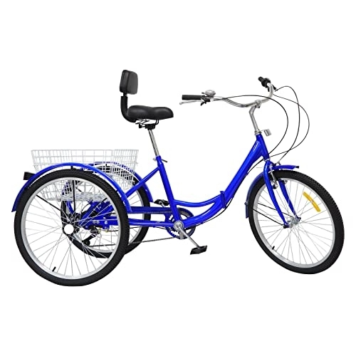 Bici pieghevoli : Fetcoi Triciclo pieghevole blu da 24 pollici per adulti, bici da carico per anziani, 3 ruote, 7 velocità, peso capacità 120 kg, cestino portaoggetti, manico antiscivolo