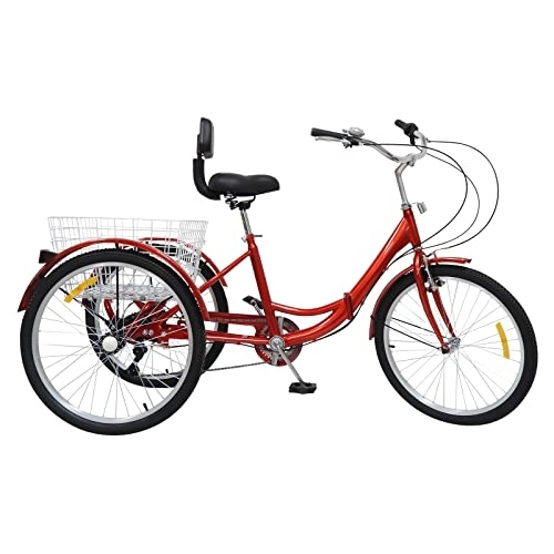 Bici pieghevoli : Fetcoi Triciclo pieghevole rosso da 24 pollici per adulti + cestello, 3 ruote bicicletta pieghevole, 7 marce, strisce riflettenti, pratici parafanghi