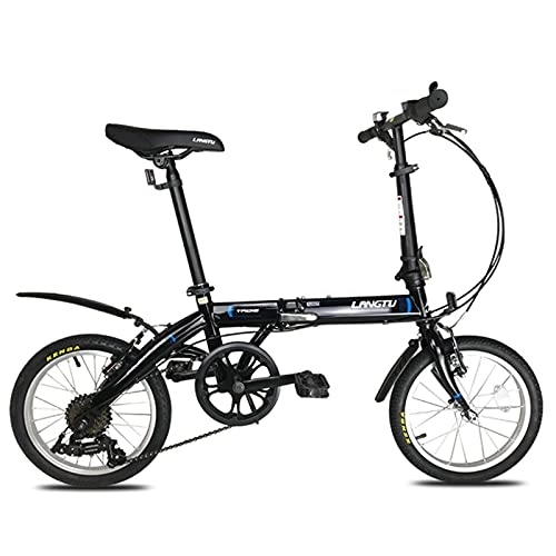 Bici pieghevoli : Folding Bike 16-inch Portable Ultra-Light Student Bicycle with Basket High Carbon Steel Frame 6 Speed (Color : Black)