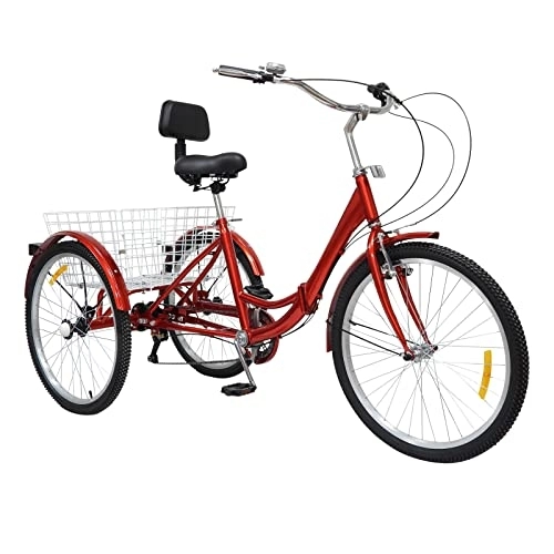 Bici pieghevoli : Futchoy Bicicletta pieghevole per adulti, 24 pollici, 3 ruote, con cestino e schienale, pieghevole, 3 ruote, per donna, uomo, anziani (rosso)