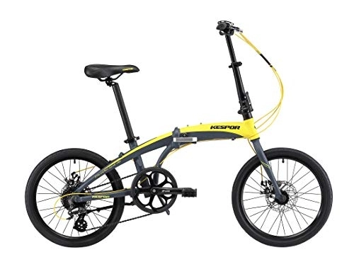Bici pieghevoli : KESPOR Thunderbolt D8 - Bicicletta pieghevole per adulti, ruote da 20", portapacchi posteriore, in lega Shimano a 8 velocità, facile da piegare, freno a disco (giallo)