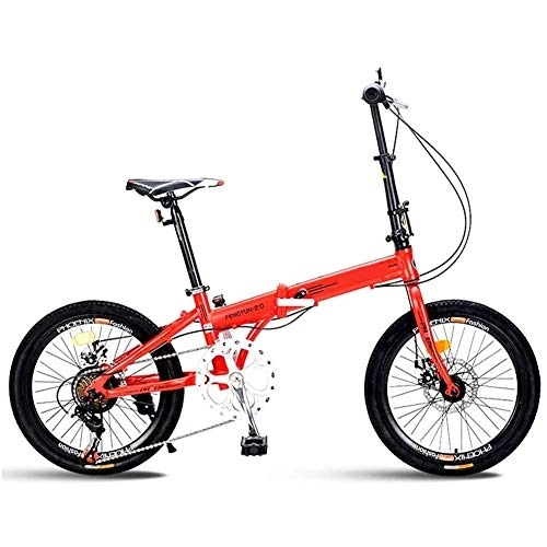 Bici pieghevoli : LVTFCO Bicicletta portatile per pendolari, mini bicicletta pieghevole a 7 velocità, bici pieghevole per adulti da 20 pollici, telaio leggero in acciaio al carbonio, doppio freno a disco, rosso