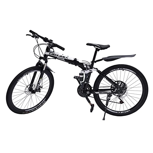 Bici pieghevoli : Mountain Bike 26'' MTB bicicletta pieghevole Fully Mountain Bike con freno a disco anteriore e posteriore, cambio a 21 marce, per uomo e donna, nero e bianco