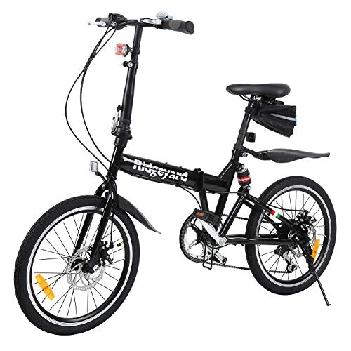 Bici pieghevoli : MuGuang Bicicletta pieghevole da 20 pollici, 7 marce, con luce a LED, borsa per il sedile e campanello per bicicletta (nero)