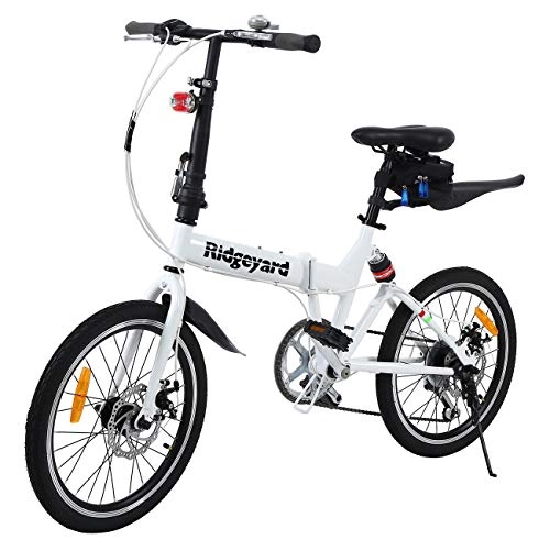 Bici pieghevoli : Ridgeyard Bicicletta pieghevole 20 pollici a 6 marce Bici pieghevole + LED batteria + borsa sella + campana bici (bianco)