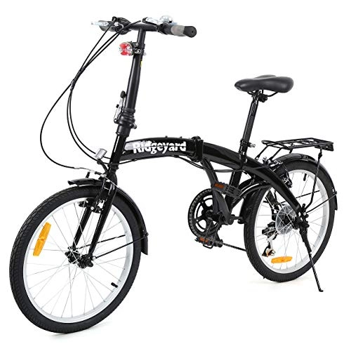 Bici pieghevoli : Ridgeyard Bicicletta pieghevole piegabile a 6 rapporti 20 pollici con luce posteriore a LED con staffa posteriore (nero)