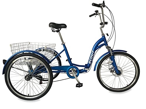 Bici pieghevoli : SCOUT triciclo per adulti, triciclo pieghevole, ruote da 24 pollici, ingranaggi shimano a 6 velocità, freni a disco anteriori e posteriori (blu)