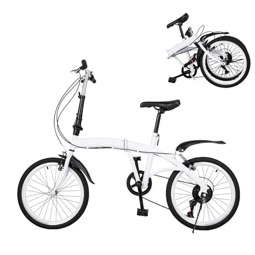 Bici pieghevoli : TESUGN Bicicletta pieghevole da 20 pollici, bicicletta pieghevole a 7 marce, per adulti, colore bianco, doppio freno a V, regolabile in altezza