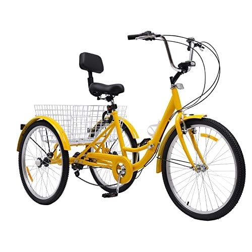 Bici pieghevoli : Triciclo da 24 pollici a 7 velocità per bici pieghevole per adulti Bicicletta gialla a 3 ruote con faro portabicchieri per cestello