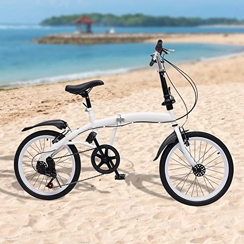 Bici pieghevoli : Yolancity Bicicletta pieghevole da 50 cm, cambio a 7 velocità, leggera in lega, per adulti / adolescenti con parafanghi e doppio freno a V, altezza regolabile, bianco