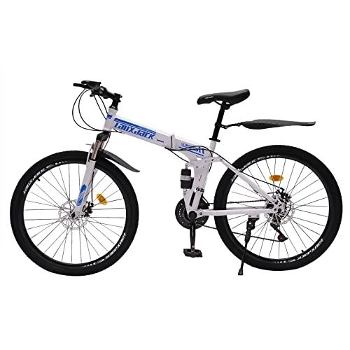 Bici pieghevoli : YyanLAK Bicicletta pieghevole da 26 pollici, bicicletta pieghevole da 21 marce, MTB, portata 120 kg, freno a disco doppio, telaio antiurto e ammortizzante a forma di U (blu bianco)