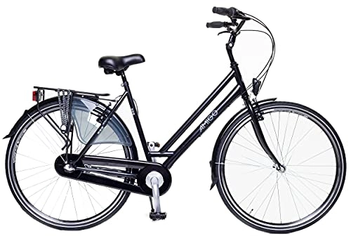 Biciclette da città : Amigo Bright - Bici da città per donna 28 pollici - Adatto da 170-175 cm - Cambio Shimano a 3 velocità - Citybike con freno a mano, Campanello, Cavalletti e Luci - Nero
