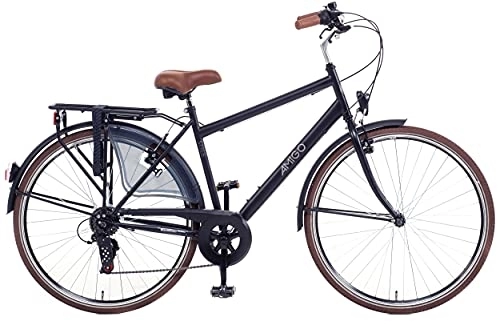 Biciclette da città : Amigo Style - Bici da città per uomo 28 pollici - Adatto da 170-175 cm - Cambio Shimano a 6 velocità - Citybike con freno a mano, Campanello, Cavalletti e Luci - Nero