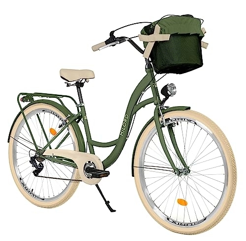 Biciclette da città : Balticuz OU Bicicletta comfort con cestino, bicicletta olandese, bicicletta da donna, City bike, retrò, vintage, 28 pollici, verde crema, 7 marce