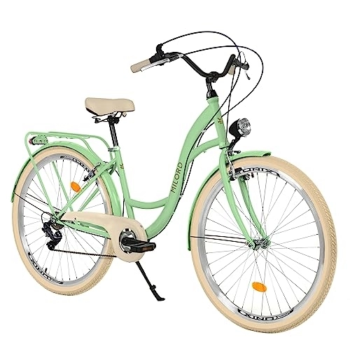 Biciclette da città : Balticuz OU Bicicletta comfort con supporto posteriore, bicicletta olandese da donna, City bike, retrò, vintage, 26 pollici, crema menta, 7 marce