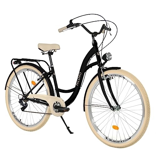 Biciclette da città : Balticuz OU Bicicletta comfort con supporto posteriore, bicicletta olandese da donna, City bike, retrò, vintage, 26 pollici, nero crema, 7 marce