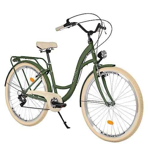 Biciclette da città : Balticuz OU Bicicletta comfort con supporto posteriore, bicicletta olandese da donna, City bike, retrò, vintage, 26 pollici, verde crema, 7 marce