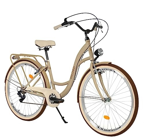 Biciclette da città : Balticuz OU Bicicletta comfort con supporto posteriore, bicicletta olandese da donna, City bike, retrò, vintage, 28 pollici, marrone crema, 7 marce