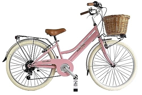 Biciclette da città : Bici da bambina 24" bimba Canellini bicicletta citybike vintage retrò dolce vita via veneto retro cestino shimano (Rosa)