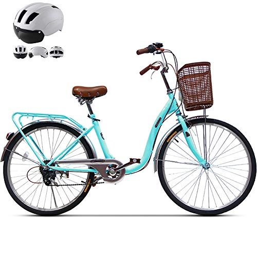 Biciclette da città : Bici da donna a 6 velocità, bici da spiaggia, bici da crociera, telaio da 24 pollici per biciclette da pendolare, telaio in acciaio ad alto tenore di carbonio, cestino anteriore e campana, Blu