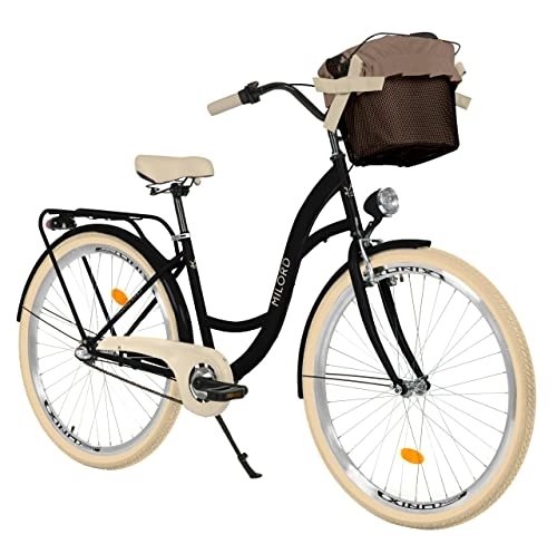 Biciclette da città : Bici da donna con cestino, bicicletta olandese, 28 pollici, colore nero, crema, cambio Shimano a 3 marce