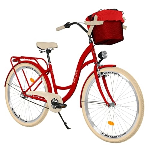 Biciclette da città : Bici da donna con cestino, stile vintage, 26 pollici, colore rosso, cambio Shimano a 3 marce