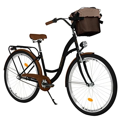 Biciclette da città : Bici da donna con cestino, stile vintage, 28 pollici, nero / marrone, cambio Shimano a 3 marce