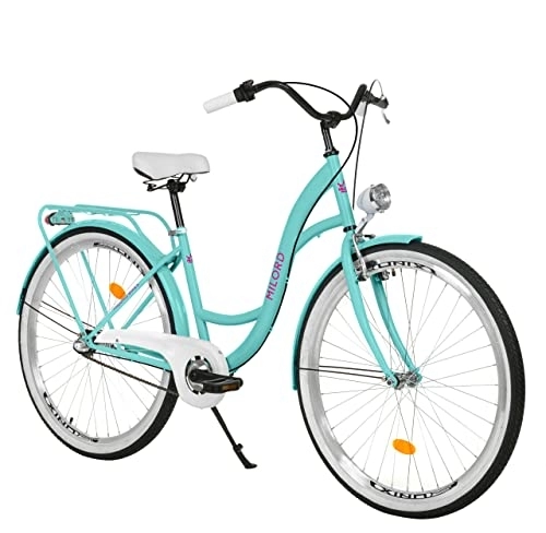 Biciclette da città : Bici da donna in stile vintage, 26 pollici, blu, cambio Shimano a 3 marce