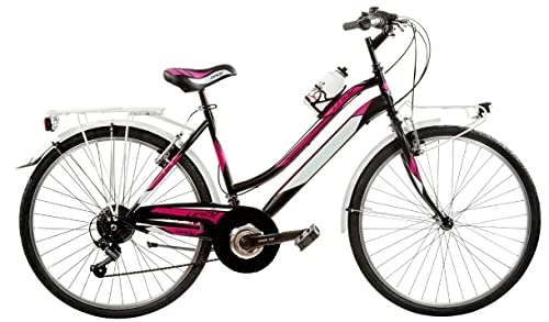 Biciclette da città : BICI MISURA 26 DONNA MTB CITY BIKE COMPLETA LINCY BICICLETTA RAGAZZA SHIMANO 6V MADE IN ITALY ART. LY26C6V (40 CM, NERO OPACO FUXIA)