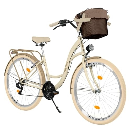 Biciclette da città : Bicicletta da città con cestello, bicicletta olandese da donna, 28 pollici, crema-marrone, 7 marce Shimano