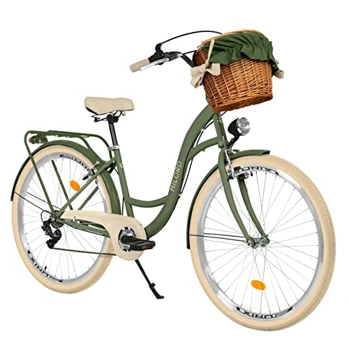 Biciclette da città : Bicicletta da città con cestino di vimini, bicicletta olandese, 28 pollici, verde crema, cambio Shimano a 7 marce