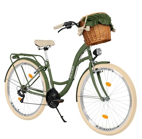 Biciclette da città : Bicicletta da città con cestino di vimini, bicicletta olandese, 28 pollici, verde crema, Shimano a 21 marce