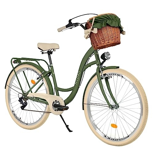 Biciclette da città : Bicicletta da città, con cestino di vimini, da donna, stile retrò, 26 pollici, verde crema, cambio Shimano a 7 marce