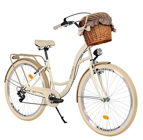 Biciclette da città : Bicicletta da città, con cestino in vimini, da donna, stile retrò, vintage, 26 pollici, color crema, cambio Shimano a 7 marce