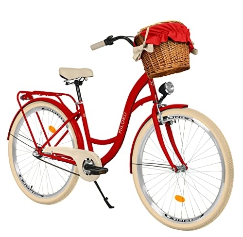 Biciclette da città : Bicicletta da città con cestino in vimini vintage, da donna, 26 pollici, colore rosso, cambio Shimano a 3 marce