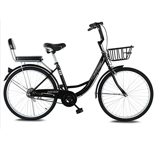 Biciclette da città : Bicicletta da Città Pneumatico Solido, con Cestello E Marsupio Posteriore, City Bike, retrò, Vintage, Bici da Donna, Black-24inch